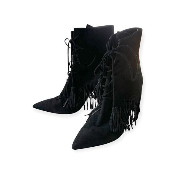 AQUAZZURA Mustang 105 Fringe Heeled‎ Ankle Boots In Black Suede, Size 37 EU - Picture 4 of 12